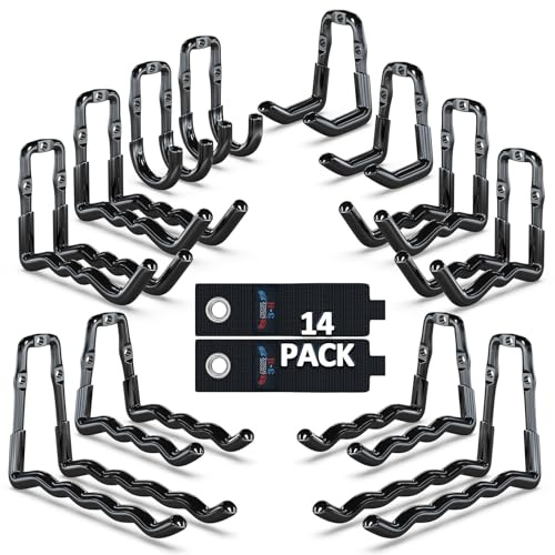 3-H Lot de 14 Crochets Muraux Garage Monobloc en Acier Robuste, Support 40kg, Kit de Rangement Outils Mural pour Échelle, Vélo, Tuyaux et Outils de Jardin