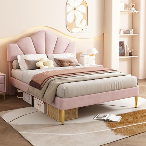 4ft6 Double Bed Frame, Upholstered Platform Bed with Shell-like Height-adjustable Headboard & Golden Iron Legs, Girls Bed, Youth Bed, Velvet Fabric Wooden Slat Support, No Mattress, Pink, 135x190cm