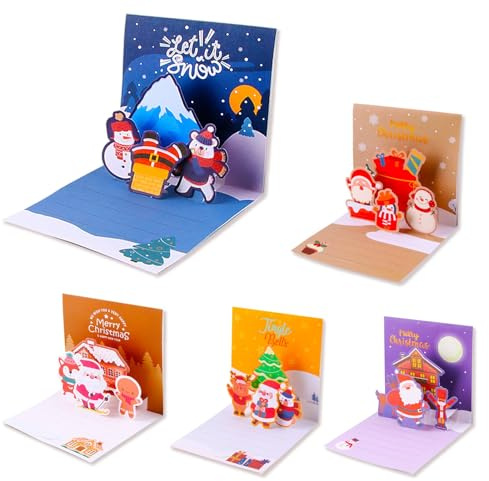 Shyllin 5 PCS 3D Carte de Noël, Pop Up Carte Noël Set, 3D Carte de Voeux Noël avec Enveloppe, Carte de Voeux Père Noël, Pop Up Christmas Cards pour Famille, Amis, Camarades Classe, Collègues