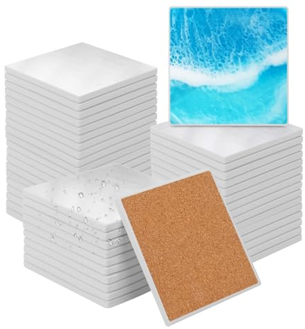 kukmakri 48 PCS Sublimation Blank Ceramic Coasters with Cork Backing Pads, 4x4 Inch Square Versatile & Decorative Glazed Ceramic Coasters for Crafting, Absorbent Ceramic Coaster for Drink