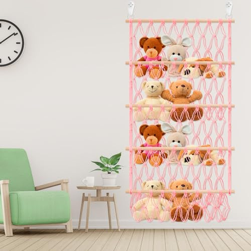 Plush Toy Holder Large-Capacity Vertical Toy Storage Organizer 4-layer Nursery Hanging Storage Hammock Space Saving Stuffed Animals Net for Kids Children Bedroom Door(Pink)