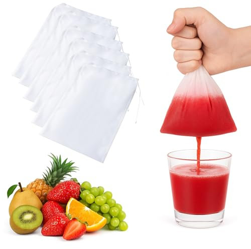 Set di 6 sacchetti per latte di noci (20 x 30 cm) riutilizzabili in nylon con coulisse, a maglia fine per latte di noci, formaggio, caffè, yogurt e frutta