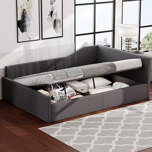 Oxtao Divano letto imbottito, 140 x 200 cm, letto matrimoniale con vano idraulico, letto giornaliero, letto per ragazzi con rete a doghe, lino, senza materasso (grigio)