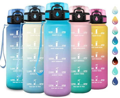 Borraccia 1L, Bottiglia Acqua A Prova di Perdite, Bottiglia Riutilizzabile, Borraccie con Filtro e Marcatori Temporali, senza BPA, Borraccia Motivazionale per Campeggio, Scuola, Ufficio, Yoga
