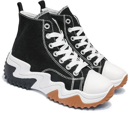 Women’s High Top Chunky Platform Trainers – 5cm Height Boost, Colour Block Canvas Sneakers with Non-Slip Retro Rubber Sole Shoes (Black, Adult, Women, 5, Numeric, UK Footwear Size System, Medium)