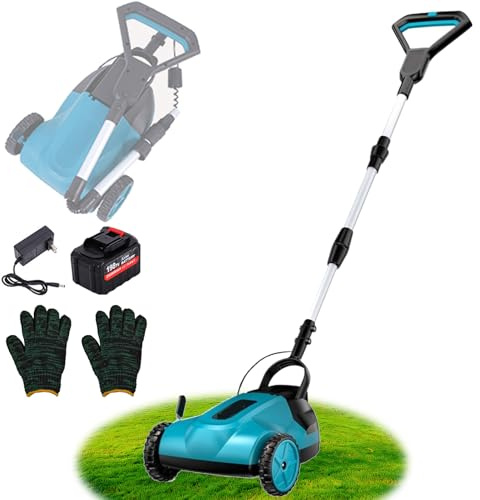 Cortacésped Eléctrico, Cortadora De Césped Inalámbrica De 700 W con Altura De Corte Ajustable En 3 Niveles Y 2 Baterías, Máquina Cortadora De Césped con Diseño De Almacenamiento Ple Blue 15 Batteries