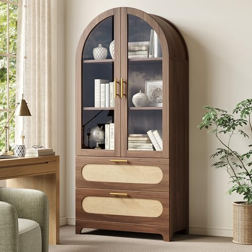 Bladez Vetrina con arco Montmartre, 175 x 80 x 40 cm, libreria retrò con 2 cassetti, ripiani regolabili e spazio portaoggetti, armadio da soggiorno effetto noce