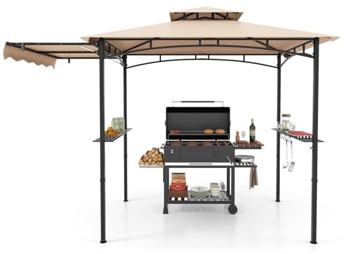 COSTWAY Cenador de Barbacoa 318 X 153 Cm, Techo Lateral, Carpa Barbacoa 2 Estantes Laterales y Parte Superior de 2 Niveles, Estructura Metal, Pergolas de Jardin Exterior (Beige)