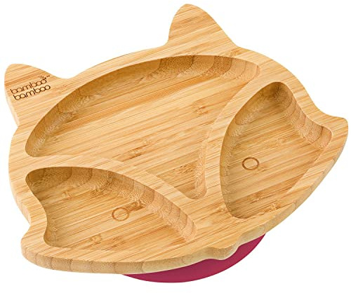 bamboo bamboo Baby Plate and Toddler Plate, Suction Plate for Feeding and Weaning, Bamboo Fox Plate with Secure Suction, Suction Plates for Babies from 6 Months (Fox, Cherry)