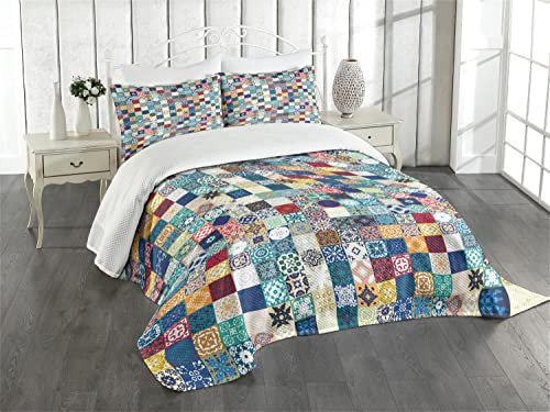 ABAKUHAUS marokkanisch Tagesdecke Set, Aufwändige Patchwork-Motiv, Set mit Kissenbezügen Waschbar, für Einselbetten 170 x 220 cm, Dunkelblau Mehrfarbig