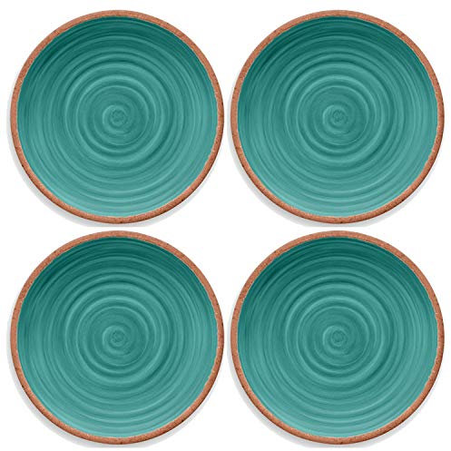 Juego de 4 platos de melamina rústica con remolino turquesa