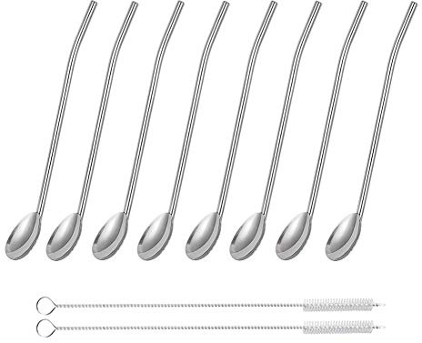 8Pcs Stainless Steel Straws & Spoons, 2 in 1 Snow Cone Straws & Long Spoons for Cocktail, Milkshake - 2 Cleaning Brushes Included