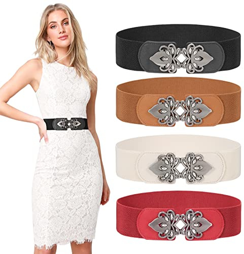 LEACOOLKEY Women's Wide Elastic Belt Stretch Elasticated Waist Belts Cinch Belt Vintage Belt Women Belts for Dresses