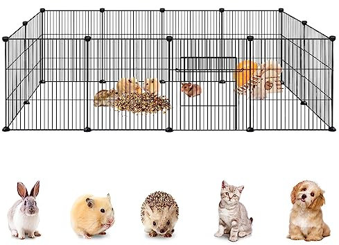 YRHome Freigehege Gittergehege für Kaninchen Hasen Meerschweinchen Gehege Freilauf Hamster Welpengehege Kleintiergehege Hasenstall Laufgitter Kleintierkäfig 12-Platten mit Türen Schwarz 142x72x36cm