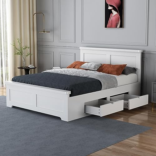Save On Goods UK 4 drawer storage, Solid,strong,white painted wood bed frame.Wooden bedstead (4ft6 Double)