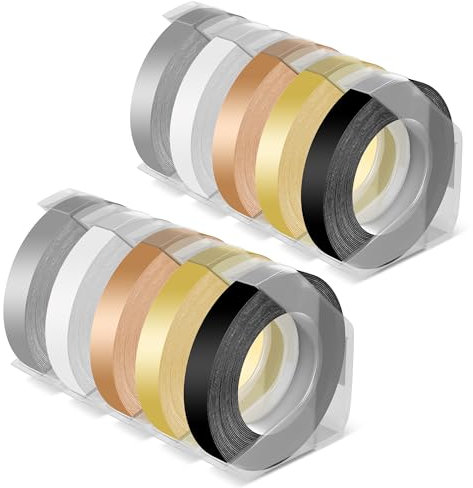 Vixic Kompatible Omega Etikettenband,Ersatz für Dymo Prägeband 9mm Farbig,Kompatible Klebendes 3D Dymo Omega Prägegerät Etikettenband,10 Rollen,Schwarz,Silber,Transparent,Gold,Champagnergold