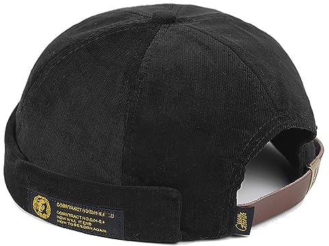 XYIYI Black Men Corduroy Brimless Hats Docker Cap Sailor Cap Worker Hat Rolled Cuff Retro Beanie Hat