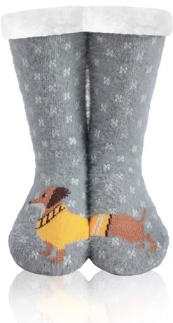 WOTENCE Hausschuhe Socken Damen Wollsocken Wintersocken Soft Warm Niedlichen Tier Winter Anti-Rutsch Socken Damen Thermosocken(Hund Grau)…