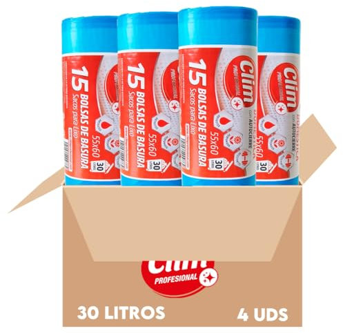 Clim Profesional 60 Bolsas de Basura Azules Perfumadas con Autocierre Cubo Doméstico de 30 litros. Rollo 15 uds. Pack 4 rollos 55x60 cm