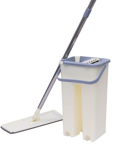 Moppset med hink, golvmopp, städprodukter, set med urvridningsfunktion, 360 graders rotationsstrukturdesign, moppmopp med 10 mikrofiberkuddar, rengöringsduk