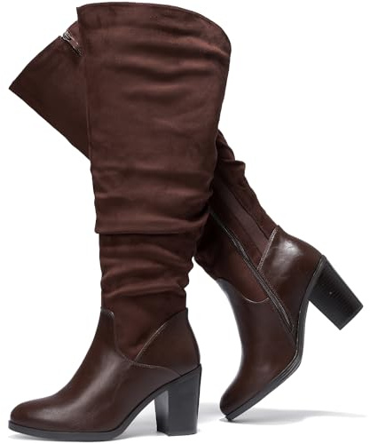 Luoika Women's Extra Wide Calf Knee High Boots, Wide Width Slouchy Knee-High Boots Chunky Pump Heel Plus Size Boots. 231209 Brown 10.5XW
