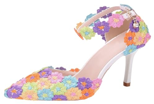 Jamron Dam Eleganta Spetsig Tå Stilettklack Ankelrem Pumps Blommig Spets Pärlor Bröllopsskor Färgad SN0703212-1 EU39.5