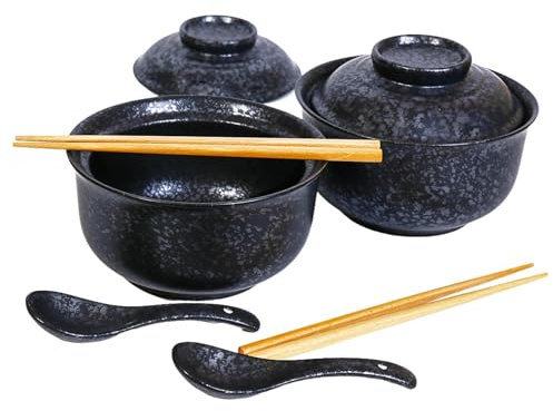 Ceraozmus Ensemble de bols Ramen en céramique 800 ml avec couvercle, cuillère et baguettes, grands bols à soupe japonais vintage bol de nouilles instantanées vaisselle asiatique (Noir * 2)