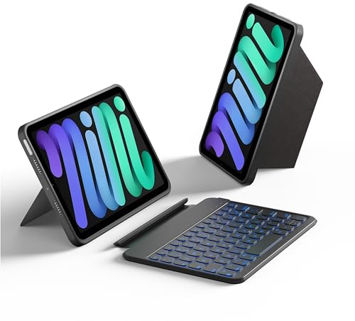 HOU Tangentbordsfodral för iPad Mini 7/6, Bluetooth Folio-tangentbord, 8,3-tums iPad Mini 7/6-tangentbordsfodral med 150 graders magnetisk avtagbar, rep- och stötbeständig, USB-C-laddning