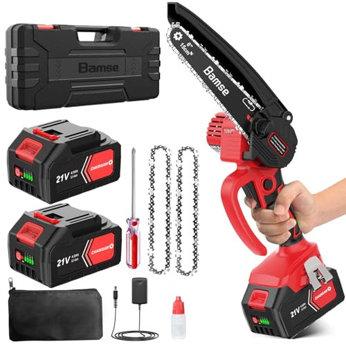 Mini Motosierra Bateria 8000mAh, Bamse Motosierra Eléctrica Bateria 6 Pulgadas con 2 Baterías, 2 Cadenas, 10m/s Velocidad Cadena Motosierra Inalámbrica para Ramas, Rboles, Patio, Hogar, Jardín