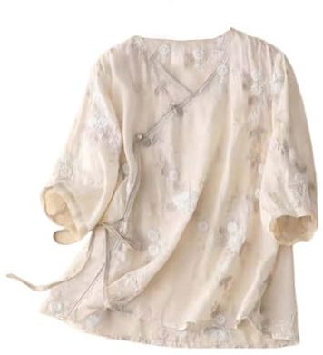 Summer Hanfu - Blusa holgada de algodón, manga 3/4, ropa tradicional china con botones de rana china, A13-14