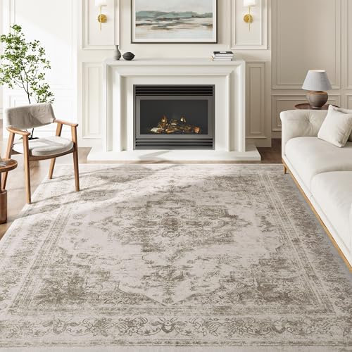 HUGEAR Vintage Beige Waschbarer Teppich Wohnzimmer 240x300cm Retro Rugs for Living Room Weich rutschfest Groß Tepich Kurzflor Schlafzimmer Carpet Living Room Bedroom Esszimmer Teppiche Büro