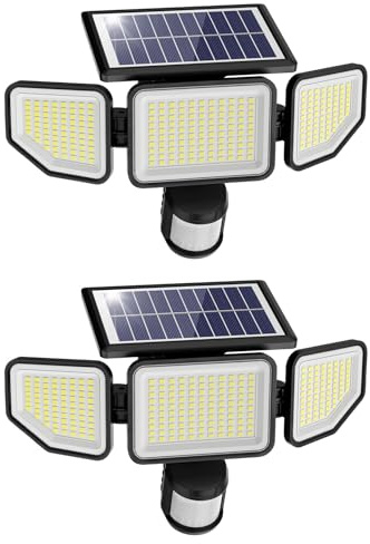 Onforu 4500LM Solar Lights Outdoor, 3 Heads Security Lights with Remote Control, IP65 Waterproof Motion Sensor Lights, 3 Modes Flood Lights for Wall, Porch, Yard, Outside, 2 Pack