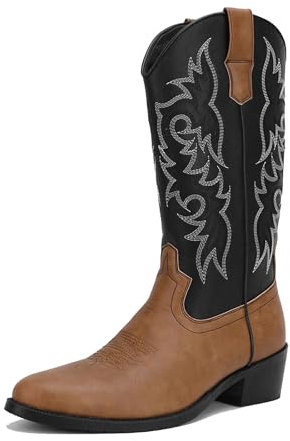 Stivali da Cowboy per Uomo Stivali Occidentali Ricamati in Pelle PU con Punta Tonda e Tacco Alto,Marrone,40 EU