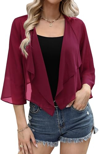 Aottori Bolero Mujer Verano Gasa Cardigan 3/4 Manga Boleros Toreras Elegante Ligero Casual Chal Tops para Boda Fiesta Vino Rojo XL