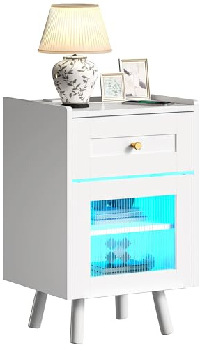 YITAHOME Bedside Table, Nightstand with 7-Color LED Light Strip, Bedside Table with Drawer and Adjustable Shelf, Black Storage End Table Sofa Table for Bedroom, Living Room, Office, 40x35x62cm, White