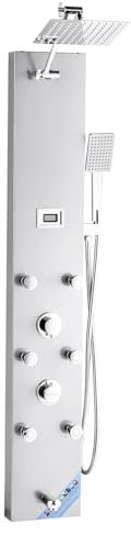 VEVOR Colonne de douche avec pommeau de douche effet pluie, système de panneau de douchette mural haute pression acier inox brossé 124 cm, robinet 4 fonctions, avec 6 jets corporels, douchette à main