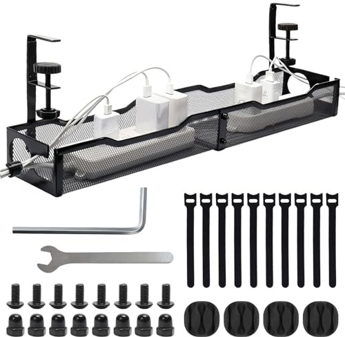 Under Desk Cable Management Tray, 25'' Management Under Desk No Drill, Metal Cord Organizer with Clamp for Cable Organizer for Home Office (Black-25'')
