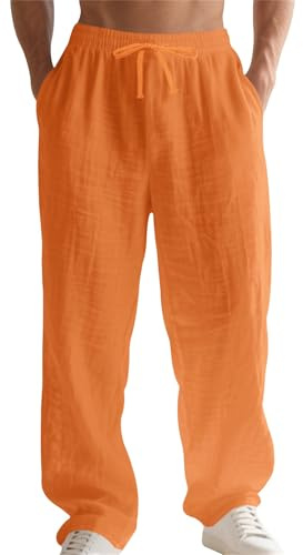 Pantalon en lin décontracté pour homme - Coupe ample légère, taille élastique, adapté au yoga, aux journées à la plage et aux loisirs estivaux, 1B-ORANGE, XL