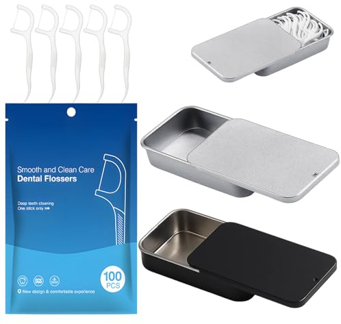 BeoTnp 2Pcs Toothpick Holder, Small Tin With Lids, 100 Floss Picks, Black And Silver Small Tin, Travel Dental Care Kit For Business Trips, Restaurants, Compact Oral Hygiene Solution