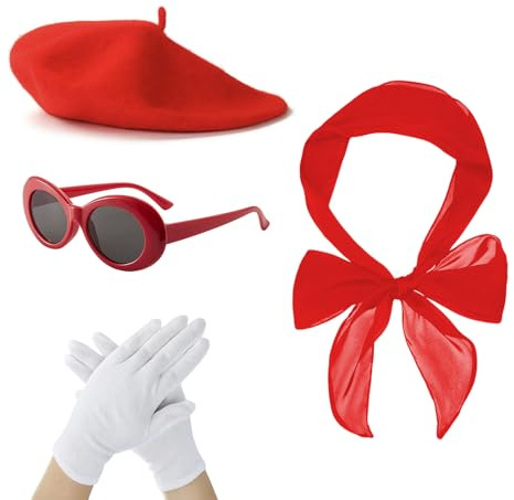 CERCTLA 4 Piezas 50's Costume Accessories Set, Accesorios Mujer Retro, Disfraces para Mujeres, Disfraz Carnaval, Halloween, El conjunto incluye Boina roja, bufanda, gafas sol, guantes