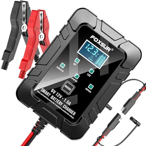FOXSUR Chargeur et mainteneur de Batterie de Voiture 1,5 A, Chargeur d'entretien Automobile 6 V 12 V avec écran LCD pour Tondeuse à Gazon de Moto, Prend en Charge Les Batteries au (UE)