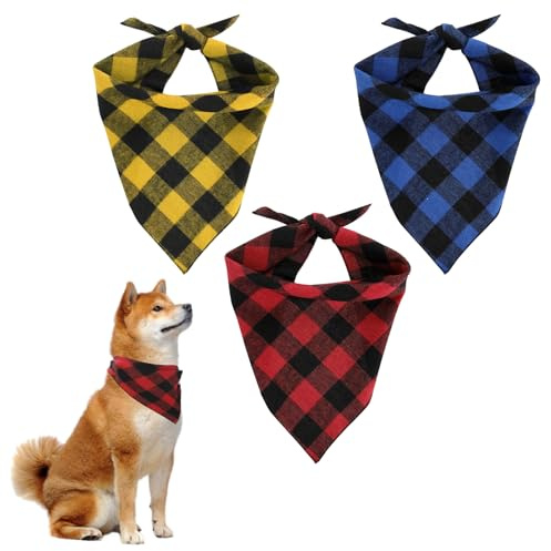 ElevateTech Dog Bandana, 3Pcs Plaid Dog Bandanas Checkered Dogs Triangle Bibs Scarf Washable Cotton Pet Triangle Scarf Adjustable Neckerchief Pet Handkerchief Accessories for Large Medium Dogs Puppies