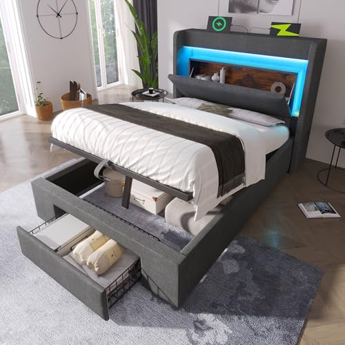 vutizal Cama tapizada de 90 x 200 cm con almacenamiento hidráulico, base de carga USB-C, iluminación LED, lino gris, somier de listones de madera