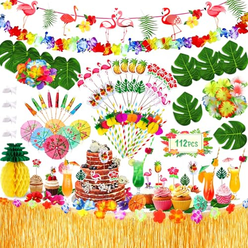 NXPZ 112 Pezzi Gonna Tavolo Hawaiana Tovaglia da Tavolo Set, Decorazioni Festa Hawaiana, Stendardo, Fiori, Foglie di Palma Artificiali, Forchette per Torta e Cannucce per Feste a Tema Hawaiano