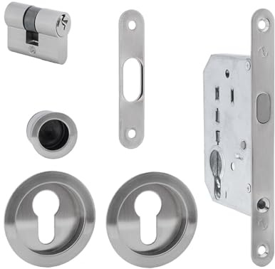 Kit Cerradura Puerta Corredera con Cilindro y Pomo Níquel Satinado | Incluye Picaporte, Uñero y Pletina de 16mm | Compatibilidad Llave-Pomo o Llave-Llave para Fácil Montaje.
