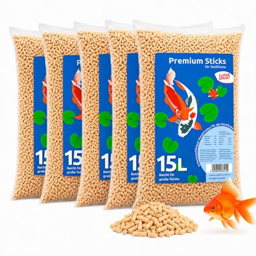 Mangime per laghetto da stagno, 75 l, mangime per pesci Koi rossi e pesci da laghetto, mangime completo galleggiante con vitamine, facilmente digeribile, bastoncini per laghetto da giardino per acqua