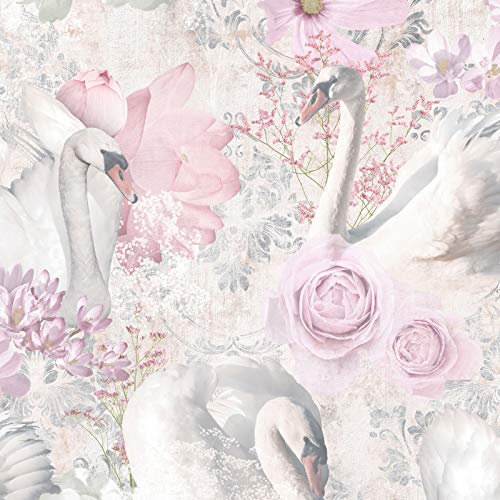 Holden Decor Fantasia Glitter Swans Pink Wallpaper 90700 - Floral Cygnets Birds
