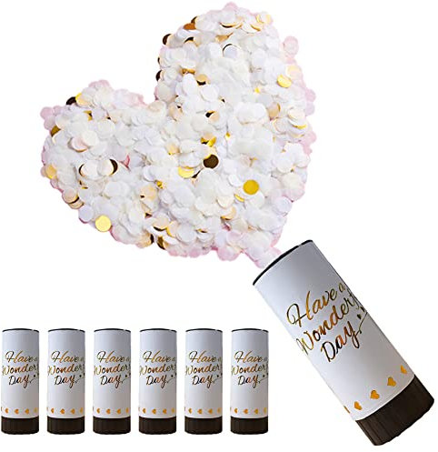 DEARLIVES 6 Pcs White Confetti Cannons, Biodegradable Confetti Wedding Party Poppers 11cm with Twisting Black Turntable to Left for Graduation Bridal Anniversary New Year Celebration Supplies