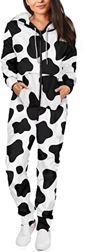 AFPANQZ Women's Jumpsuit Onesie Classic Cow Print One Pieces Sleepwear Pajamas Hoodie Fall Winter Long Sleeves Jumpsuit Outdoor Casual Athletic Overall Romper