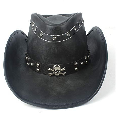 LIOONS 100% Leather Women Men Black Western Cowboy Hat With Roll Up Brim Punk Belt Jazz Sombrero Cap Dad Hat